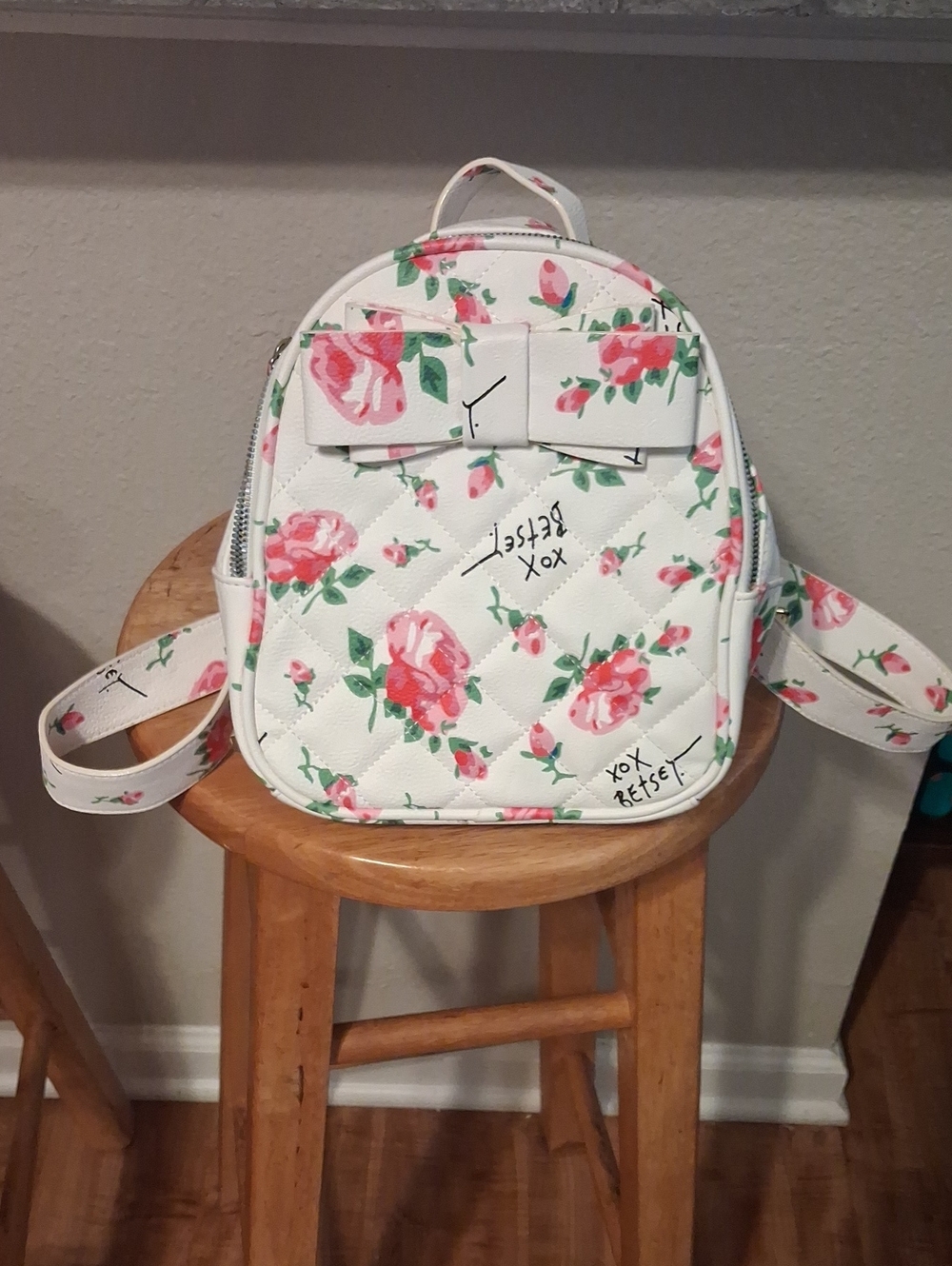 Betsey Johnson White Floral Quilted Mini Backpack with Bow Accent